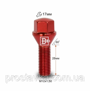 Болт C17A28 R-Cr M12X1,50X28 Червоний Хром Конус із виступом ключ 17 мм