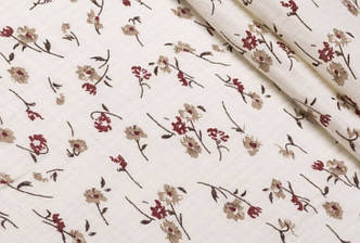 Тканина муслін жатий двошаровий, бежево-коричневі квіточки на молочному (шир. 1,35м) (MS-JAT-2-0074)