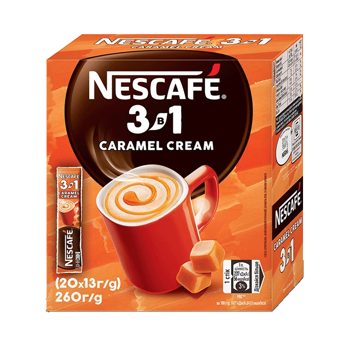 Nescafe 3 в 1 Caramel Cream кавовий напій з карамеллю 20 стіків у картонному пакованні, фото 1