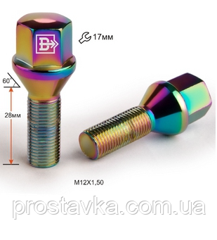 Болт C17A28 Ti-Cr M12X1,50X28 Райдужний Титан Конус із виступом ключ 17 мм, фото 1