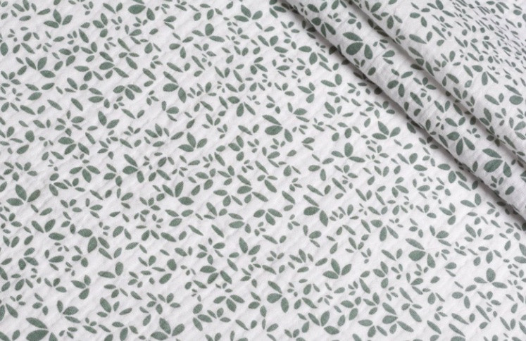 Тканина муслін жатий двошаровий, листочки зелені на білому (шир. 1,35м) (MS-JAT-2-0075), фото 1