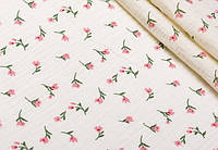 Ткань муслин жатый двухслойный, розовые цветочки с листиками на молочном (шир. 1,35м) (MS-JAT-2-0080)