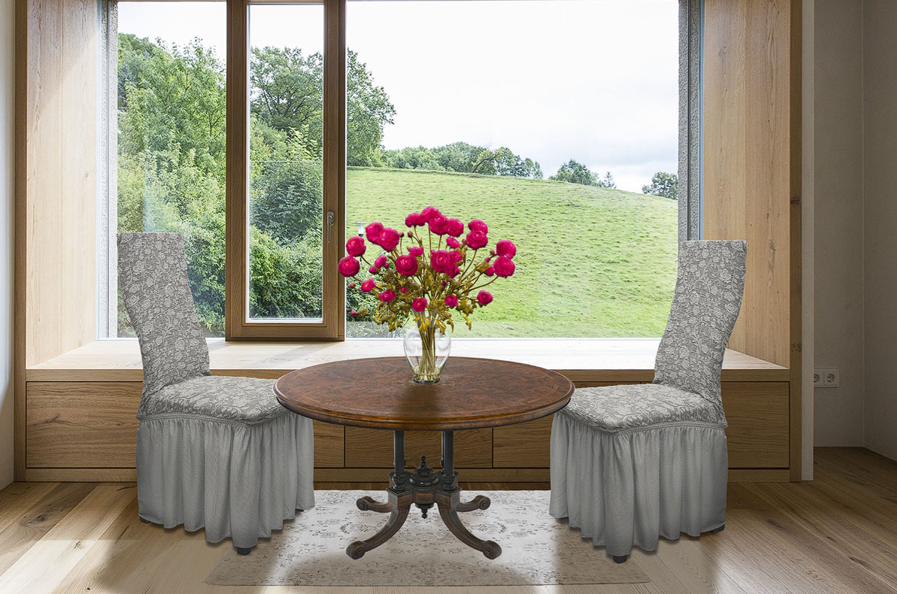 Чохли на стільці жаккардові зі спідницею Туреччина, готові чохли на стільці зі спинкою універсальні Сірий, фото 1