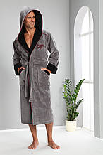 Чоловічий махровий халат велюровий на поясі довгий, халати чоловічі з капюшоном домашній Сірий L/XL