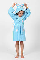 Детский халат для девочек с ушками на поясе, Махровый халат для девочки с капюшоном Голубой