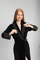 Халат женский велюровый длинный с кружевом на запах, велюровый халат для женщин Черный M