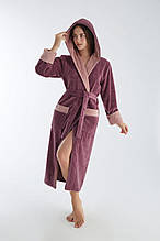 Жіночий махровий халат із поясом лазневий домашній, пухнастий халат із натуральним капюшоном Рожевий S