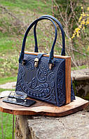 Авторская кожаная сумка ручной работы с тиснением синяя | деловая кожаная сумка женская, саквояж