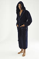 Велюровий халат чоловічий натуральний домашній з капюшоном, Теплий чоловічий халат махра на поясі Темно-синій 2XL