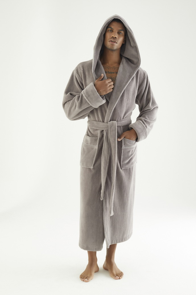 Велюровий халат чоловічий натуральний домашній з капюшоном, Теплий чоловічий халат махра на поясі Сірий 2XL