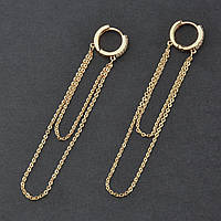 Сережки довгі застібка кільця ланцюжка подвійні золотисті кільця з кристалами по колу довжина 70 мм 925 S