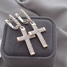 Срібні сережки із золотими вставками і фіанітами Хрестики, фото 4