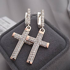 Срібні сережки із золотими вставками і фіанітами Хрестики, фото 5