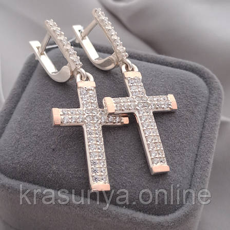 Срібні сережки із золотими вставками і фіанітами Хрестики, фото 1