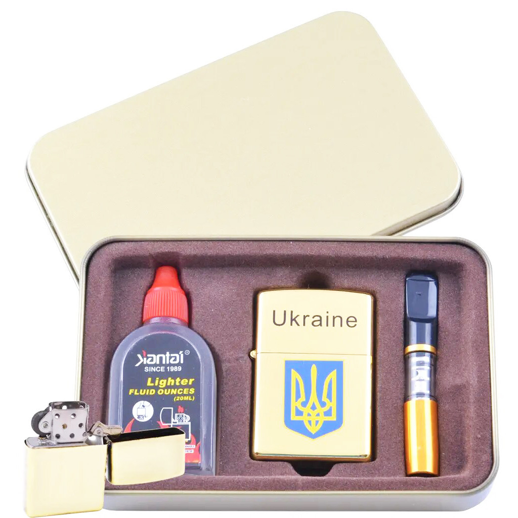 Запальничка бензинова + бензин, мундштук у коробці Kantai XT-4930-1 Gold Герб України | Запальничка кишенькова