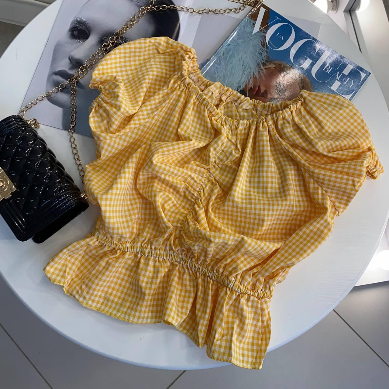 Літня блузка з коротким рукавом на дівчинку в клітку на гумці Жовта 824, 30, Жовтий, Для дівчаток, Літо, 110, фото 1