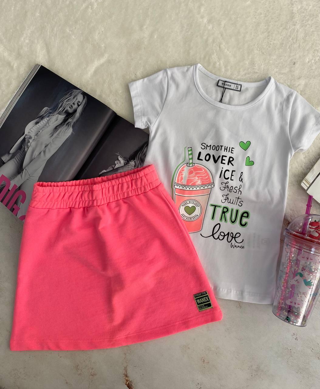 Комплект для дівчинки 2-а футболка Біла + спідниця 2-21925, Wanex, Світло-рожевий, Для дівчаток, Весна Літо, 92, фото 1