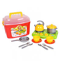 Детский набор посуды, в наборе 14 предметов, плита, чайник, кастрюля, чашки и ложки на 2 персоны