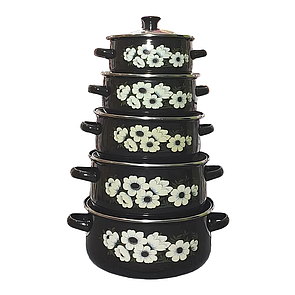 Набір емальованих каструль 5 шт. зі скляними кришками Benson BN-079 Чорний, Якісні кухонні каструлі