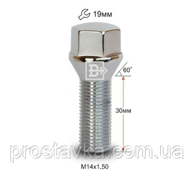 Болт C19D30 Cr M14X1,50X30 Хром Конус із виступом, ключ 19 мм