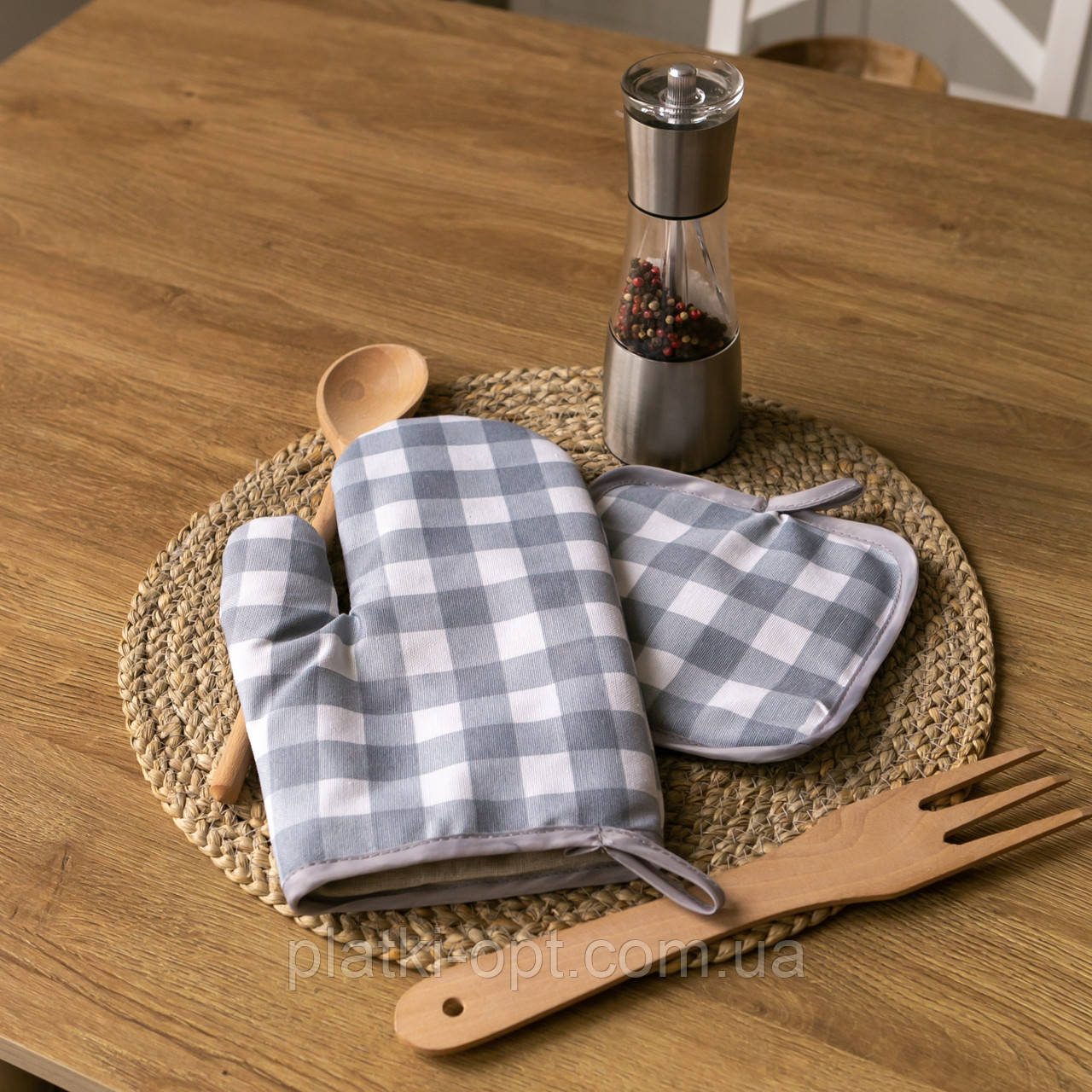 Рукавичка + прихватка водовідштовхувальні "Клітинка сірий"