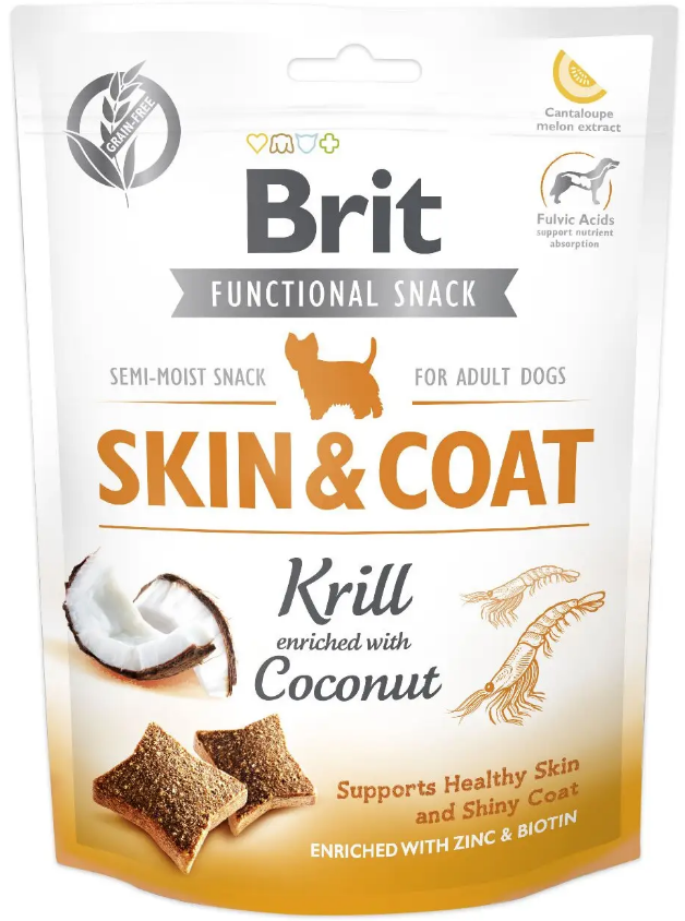 Ласощі для собак з криля та кокосом для здорової шкіри та шерсті Brit Functional Snack Skin & Coat 150 г