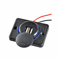 Автомобильная зарядка накладная, Гнездо прикур. накладное 2 USB, 1А/2,1А, с индикатором с крышкой 12/24В синяя
