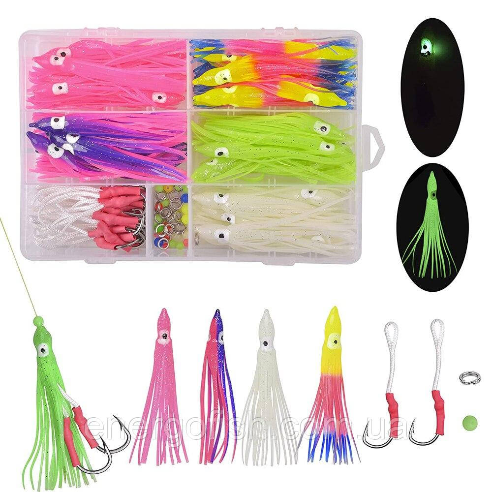 Набір для лову морського окуня 130шт. Кальмари 9см, гачки з повідками, кільця, фото 1
