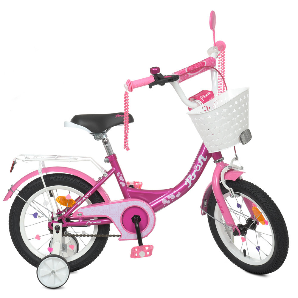 Двоколісний дитячий велосипед з катафотами та кошиком 12 дюймів Profi Princess Y1216-1K Фуксія, фото 1