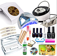 Стартовий набір для манікюру, для покриття нігтів гель лаком з лампою Sun One хамелеон 48 Вт, фрезер ZS-606, витяжка 858-2А