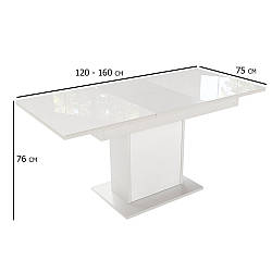Білий розсувний обідній стіл Бостон 120-160х75 см зі скляною стільницею на одній опорі у вітальню