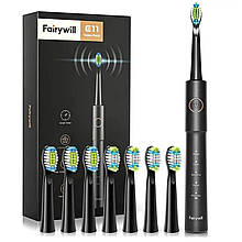 Электрическая зубная щетка FairyWill E11, черная с литионным аккумулятором, 8 сменных насадок USB Профессионал