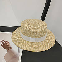 Солом'яний капелюшок канотьє з білою стрічкою (поля 7 см)