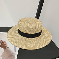 Летняя соломенная шляпка канотье с черной лентой (поля 9 см)