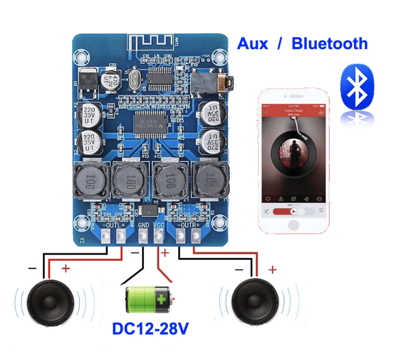 Аудио усилитель 2.0 стерео TPA3118 2x45Вт 12-28В AUX Bluetooth 4.2 - фото 2 - id-p1819944861