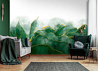 Флизелиновые фотообои под мрамор в интерьере 254x184 см Зеленые листья акварелью на белой стене (14127V4)+клей