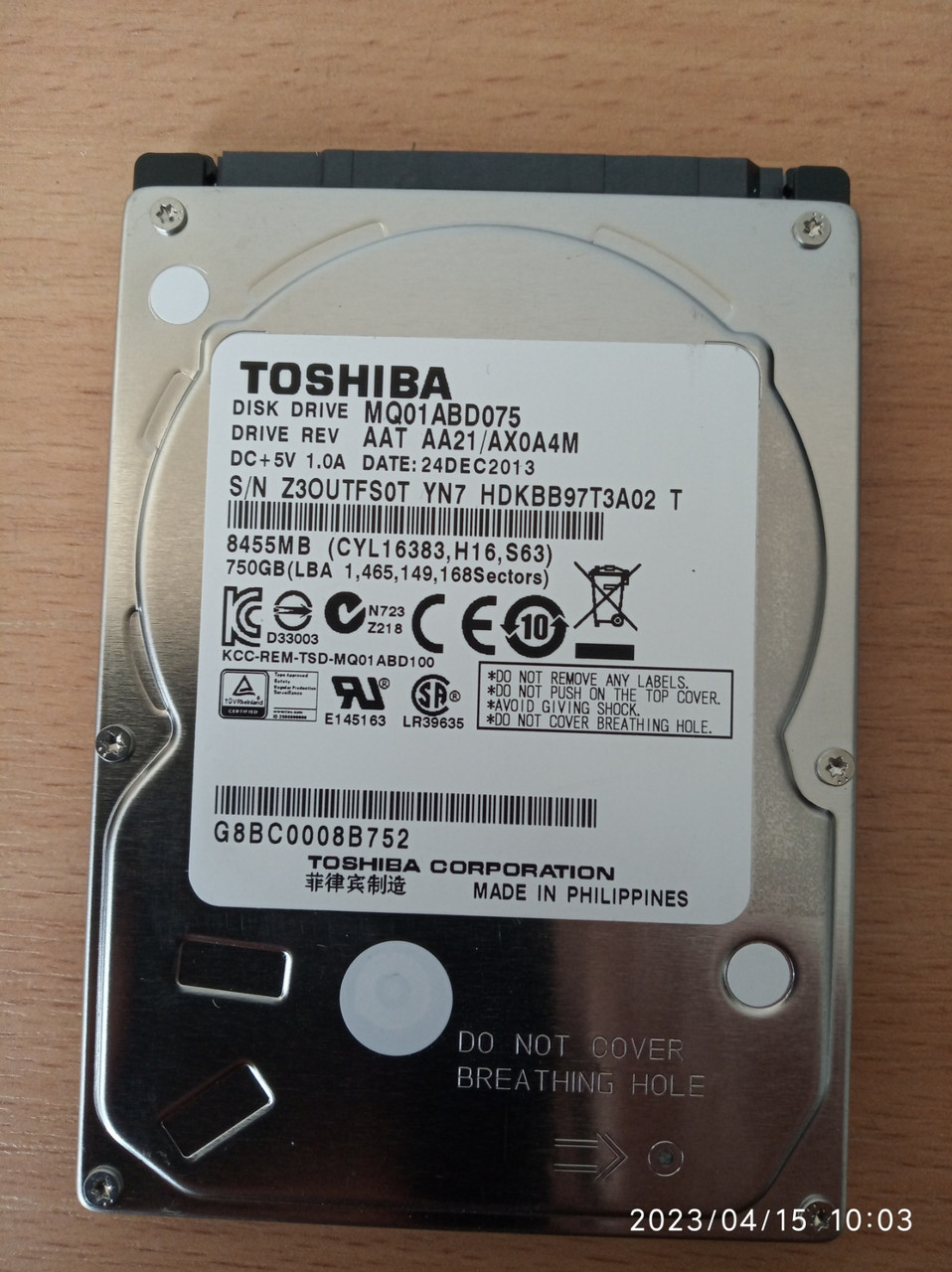 Жесткий диск  Toshiba MQ01ABD075, 2.5", SATA 3Gb/s, 750 Гб, 5400 rpm, буфер 8 Мб для ноутбука