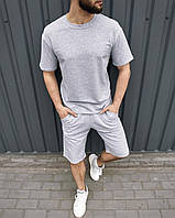 Мужской летний спортивный костюм серый оверсайз трикотажный , Летний комплект серый Шорты + Футболка