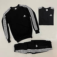 Спортивный костюм мужской Adidas (Адидас) черный весенний осенний с капюшоном | Костюм+футболка ЛЮКС качества