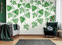 Красивые флизелиновые фотообои на кухню 254x184 см Акварельные цветы Зеленые листья плюща (14141V4)+клей