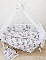 Детский постельный набор в кроватку для девочки, бело-розовый. Мишки
