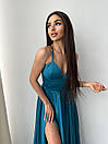 Вечірня бірюзова атласна сукня довга з розрізом і пишною спідницею, фото 4