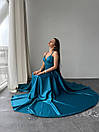 Вечірня бірюзова атласна сукня довга з розрізом і пишною спідницею, фото 7