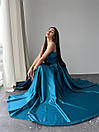 Вечірня бірюзова атласна сукня довга з розрізом і пишною спідницею, фото 6