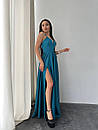 Вечірня бірюзова атласна сукня довга з розрізом і пишною спідницею, фото 2