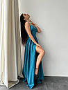Вечірня бірюзова атласна сукня довга з розрізом і пишною спідницею, фото 9