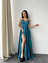 Вечірня бірюзова атласна сукня довга з розрізом і пишною спідницею, фото 5