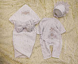 Літній мусліновий конверт + комбінезон із шапочкою для дівчинки, глітер золоті зірочки на білому, фото 2