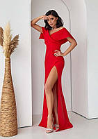 Вечернее красное роскошное платье длинное приталенное с разрезом