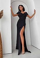 Вечернее черное роскошное платье длинное приталенное с разрезом